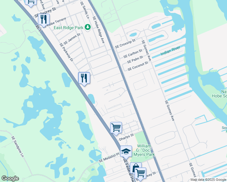 map of restaurants, bars, coffee shops, grocery stores, and more near 9315 Southeast Randall Court in Hobe Sound