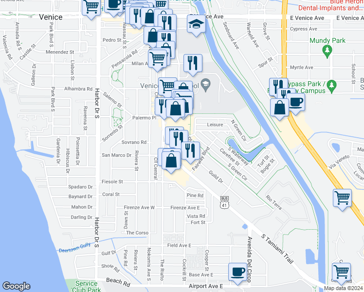 map of restaurants, bars, coffee shops, grocery stores, and more near 620 Guild Drive in Venice