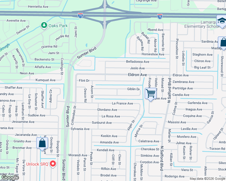 map of restaurants, bars, coffee shops, grocery stores, and more near 3698 Giblin Drive in North Port