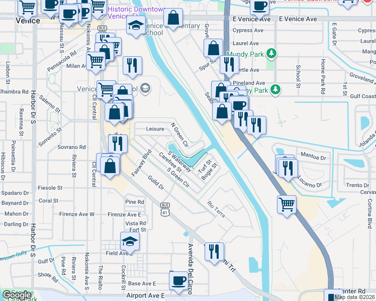 map of restaurants, bars, coffee shops, grocery stores, and more near 776 North Green Circle in Venice