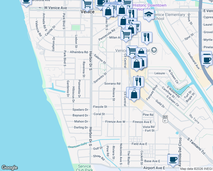 map of restaurants, bars, coffee shops, grocery stores, and more near 237 Sovrano Road in Venice