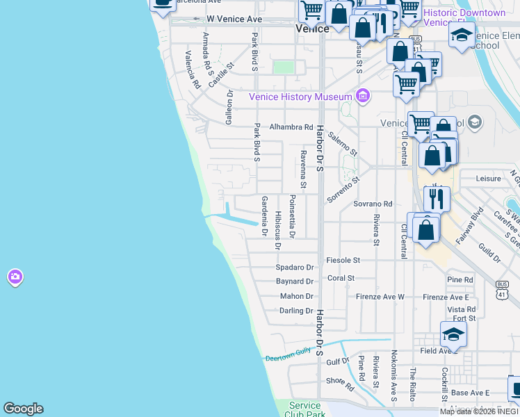 map of restaurants, bars, coffee shops, grocery stores, and more near 605 Gardenia Drive in Venice