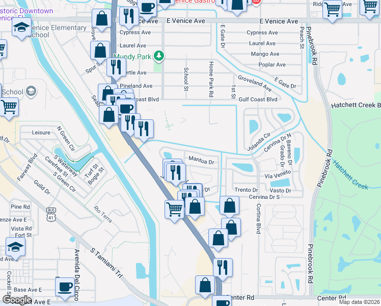 map of restaurants, bars, coffee shops, grocery stores, and more near 303 Roma Road in Venice