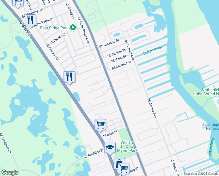 map of restaurants, bars, coffee shops, grocery stores, and more near 9315 Southeast Randall Court in Hobe Sound