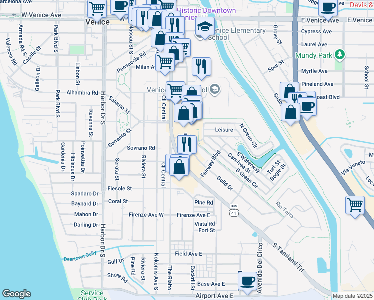 map of restaurants, bars, coffee shops, grocery stores, and more near 614 Guild Drive in Venice