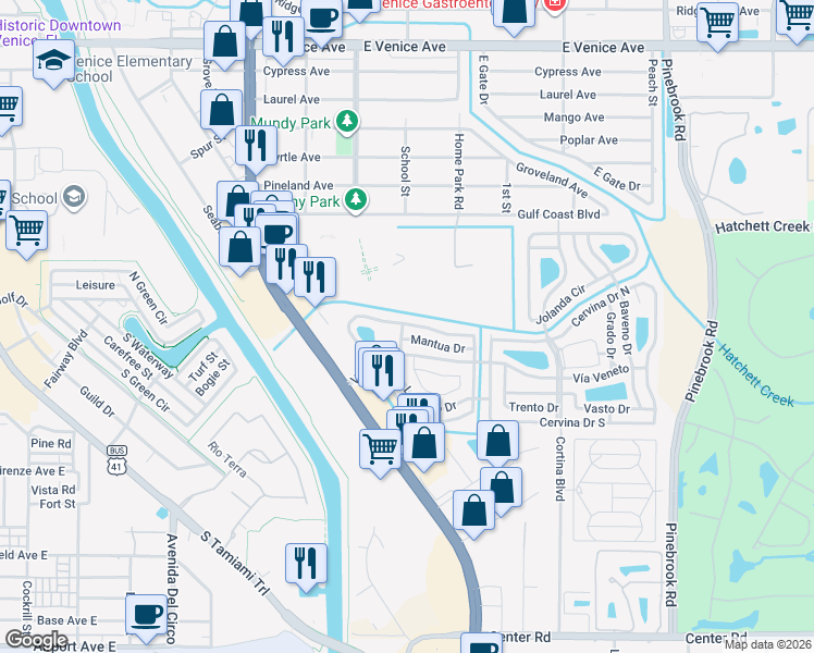 map of restaurants, bars, coffee shops, grocery stores, and more near 210 Roma Road in Venice