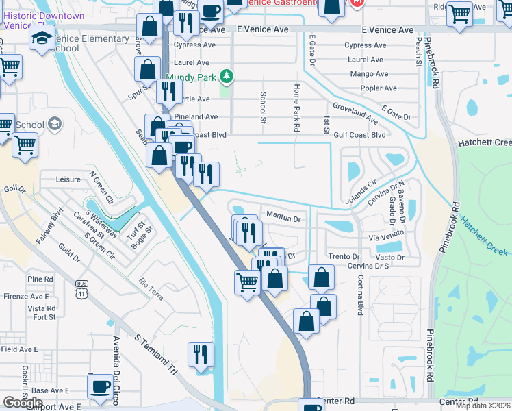 map of restaurants, bars, coffee shops, grocery stores, and more near 210 Roma Road in Venice