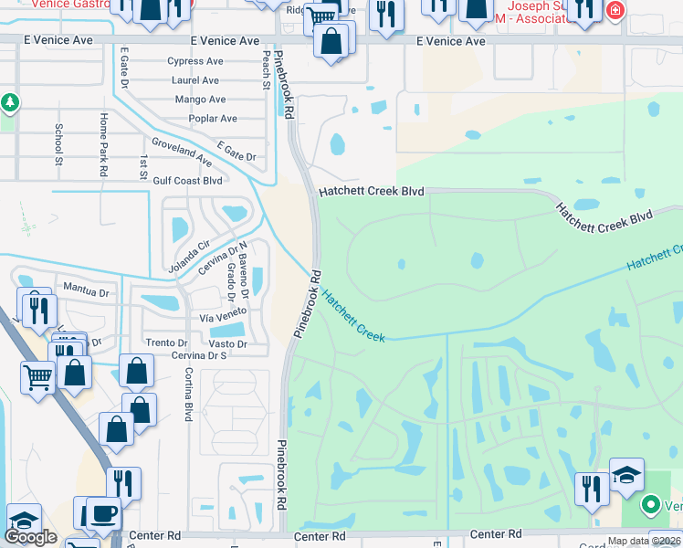 map of restaurants, bars, coffee shops, grocery stores, and more near 1184 Tuscany Boulevard in Venice