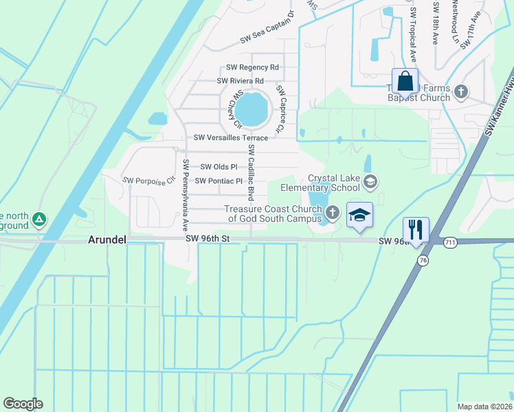 map of restaurants, bars, coffee shops, grocery stores, and more near 2605 Southwest Toronado Trail in Stuart
