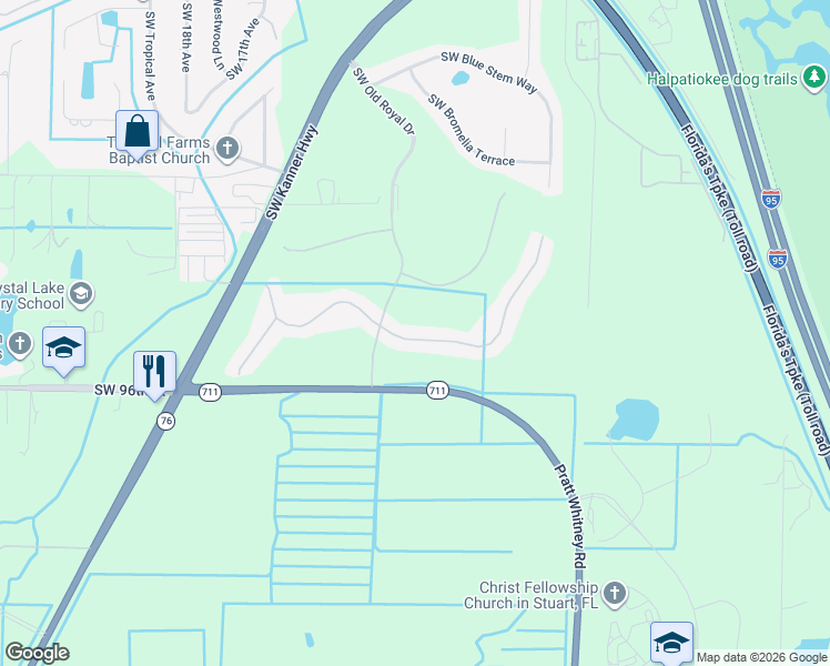 map of restaurants, bars, coffee shops, grocery stores, and more near 1147 Southwest Balmoral Trce in Stuart