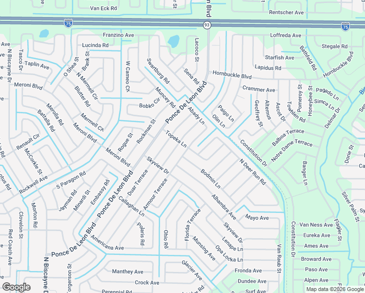 map of restaurants, bars, coffee shops, grocery stores, and more near 3614 Cordova Terrace in North Port