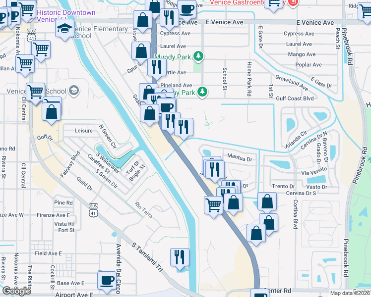 map of restaurants, bars, coffee shops, grocery stores, and more near 901 US Highway 41 Bypass South in Venice