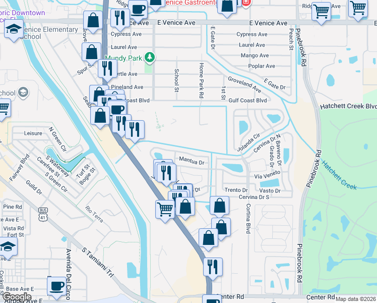 map of restaurants, bars, coffee shops, grocery stores, and more near 303 Roma Road in Venice