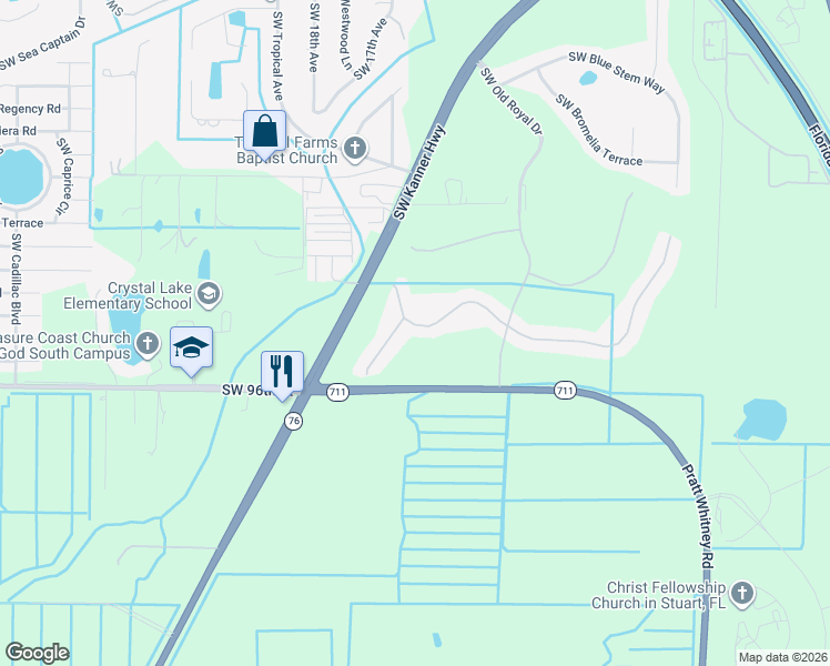 map of restaurants, bars, coffee shops, grocery stores, and more near 1518 Southwest Balmoral Trce in Stuart