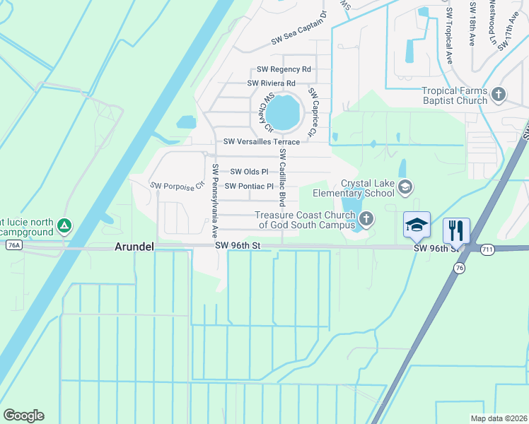 map of restaurants, bars, coffee shops, grocery stores, and more near 2703 Southwest Toronado Trail in Stuart