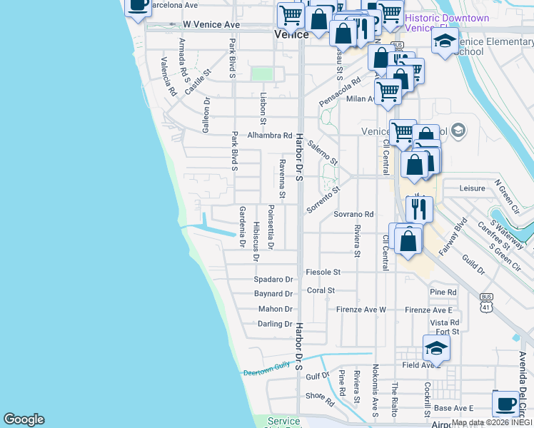 map of restaurants, bars, coffee shops, grocery stores, and more near 610 Poinsettia Drive in Venice