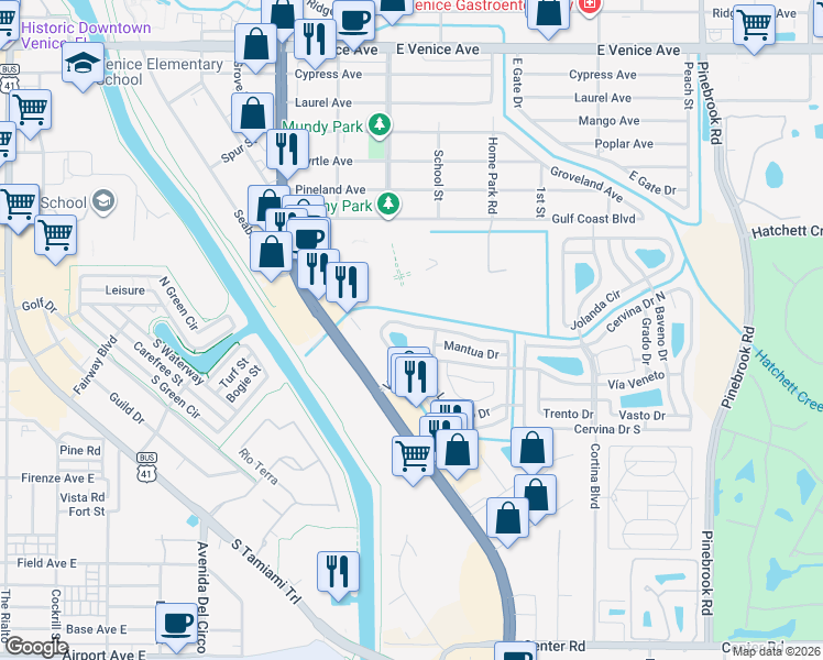 map of restaurants, bars, coffee shops, grocery stores, and more near 210 Roma Road in Venice
