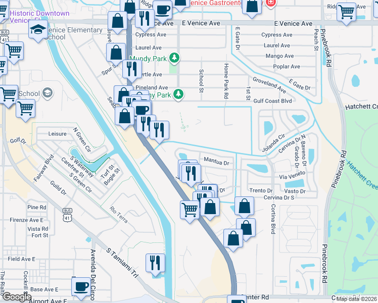 map of restaurants, bars, coffee shops, grocery stores, and more near 210 Roma Road in Venice