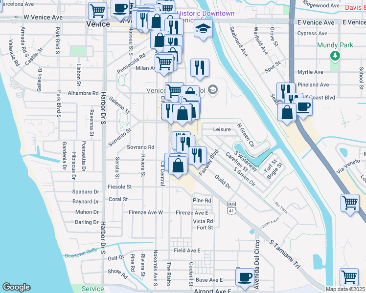 map of restaurants, bars, coffee shops, grocery stores, and more near 614 Guild Drive in Venice