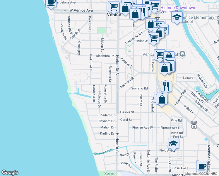 map of restaurants, bars, coffee shops, grocery stores, and more near 608 Poinsettia Drive in Venice