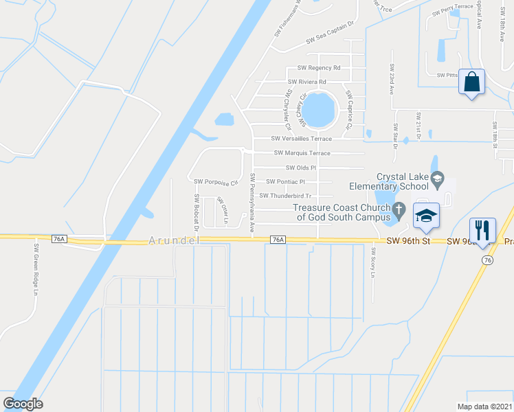 map of restaurants, bars, coffee shops, grocery stores, and more near 2899 Southwest Toronado Trail in Stuart