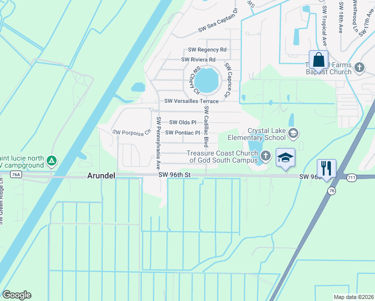 map of restaurants, bars, coffee shops, grocery stores, and more near 2703 Southwest Toronado Trail in Stuart