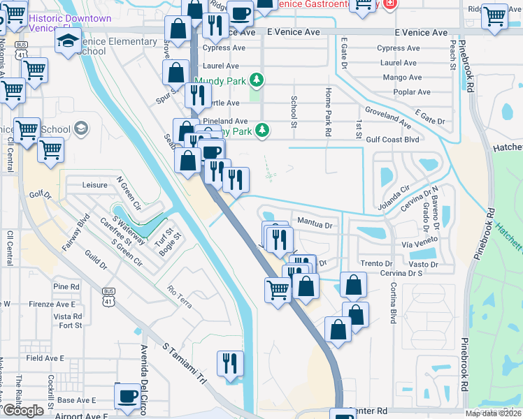 map of restaurants, bars, coffee shops, grocery stores, and more near 128 Roma Road in Venice
