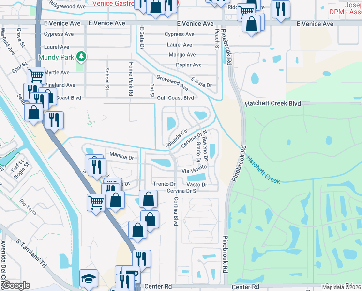 map of restaurants, bars, coffee shops, grocery stores, and more near 506 Cervina Drive North in Venice