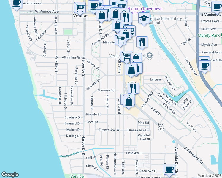map of restaurants, bars, coffee shops, grocery stores, and more near 545 Riviera Street in Venice