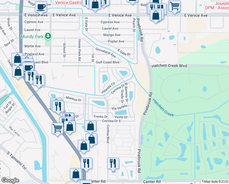 map of restaurants, bars, coffee shops, grocery stores, and more near 506 Cervina Drive North in Venice