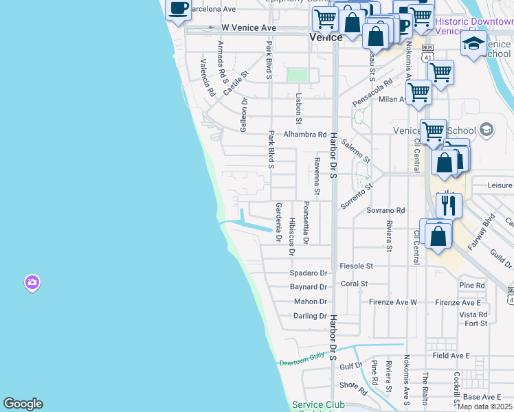 map of restaurants, bars, coffee shops, grocery stores, and more near 599 Flamingo Drive in Venice