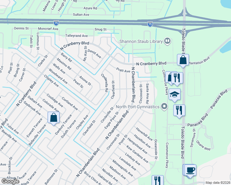 map of restaurants, bars, coffee shops, grocery stores, and more near 3925 Clearfield Street in North Port