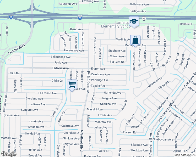 map of restaurants, bars, coffee shops, grocery stores, and more near 3851 Partridge Avenue in North Port
