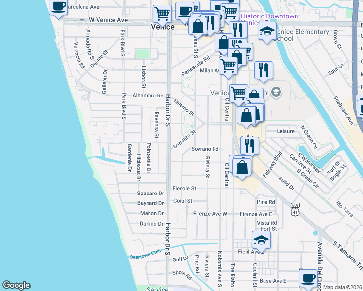 map of restaurants, bars, coffee shops, grocery stores, and more near 325 Sorrento Street in Venice