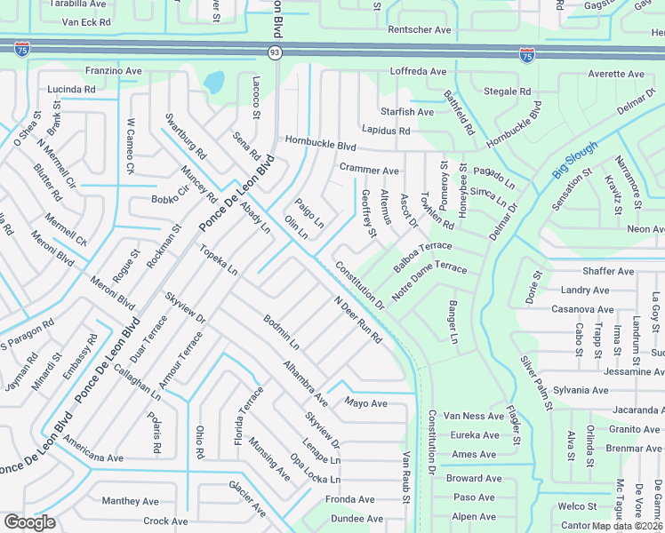map of restaurants, bars, coffee shops, grocery stores, and more near 3969 Constitution Drive in North Port
