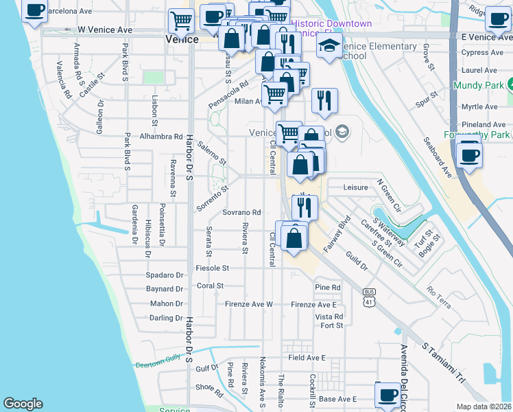 map of restaurants, bars, coffee shops, grocery stores, and more near 545 Riviera Street in Venice