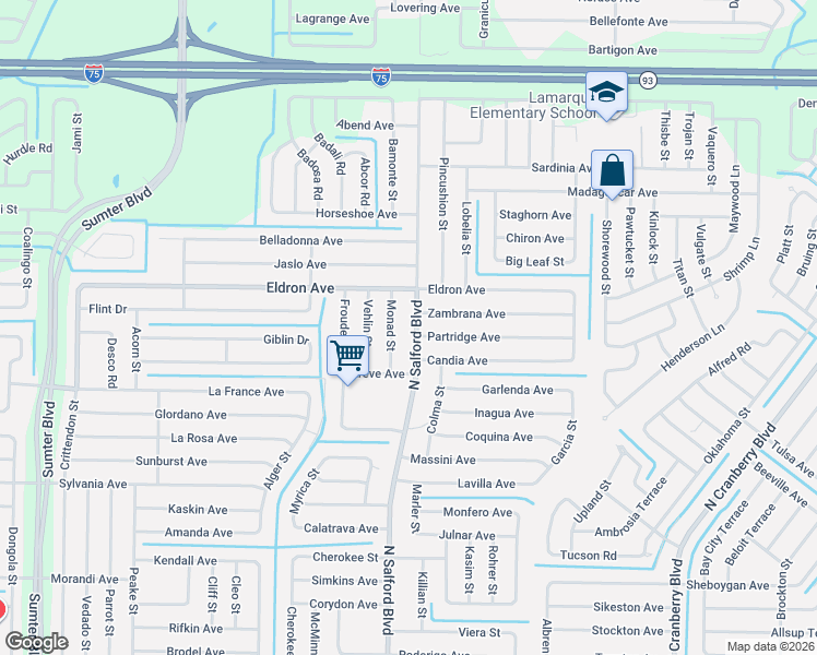 map of restaurants, bars, coffee shops, grocery stores, and more near 3941 Partridge Avenue in North Port