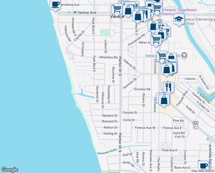 map of restaurants, bars, coffee shops, grocery stores, and more near 610 Poinsettia Drive in Venice