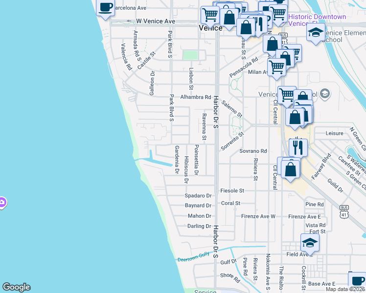 map of restaurants, bars, coffee shops, grocery stores, and more near 605 Gardenia Drive in Venice