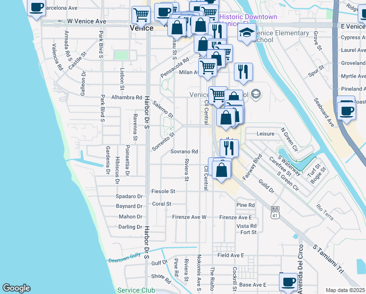 map of restaurants, bars, coffee shops, grocery stores, and more near 237 Sovrano Road in Venice