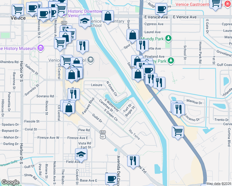 map of restaurants, bars, coffee shops, grocery stores, and more near 772 North Green Circle in Venice