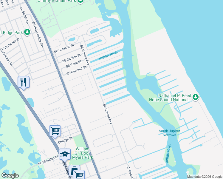 map of restaurants, bars, coffee shops, grocery stores, and more near 8519 Southeast Sabal Street in Hobe Sound