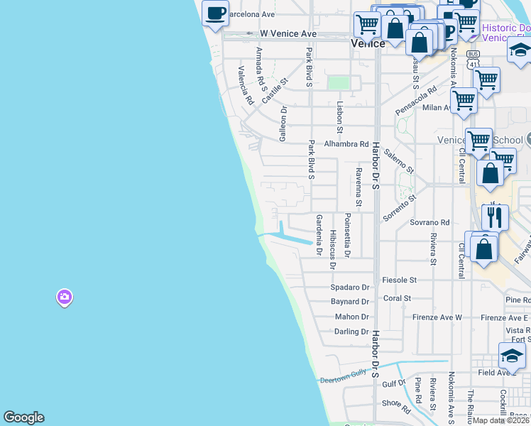 map of restaurants, bars, coffee shops, grocery stores, and more near 550 West Flamingo Drive in Venice
