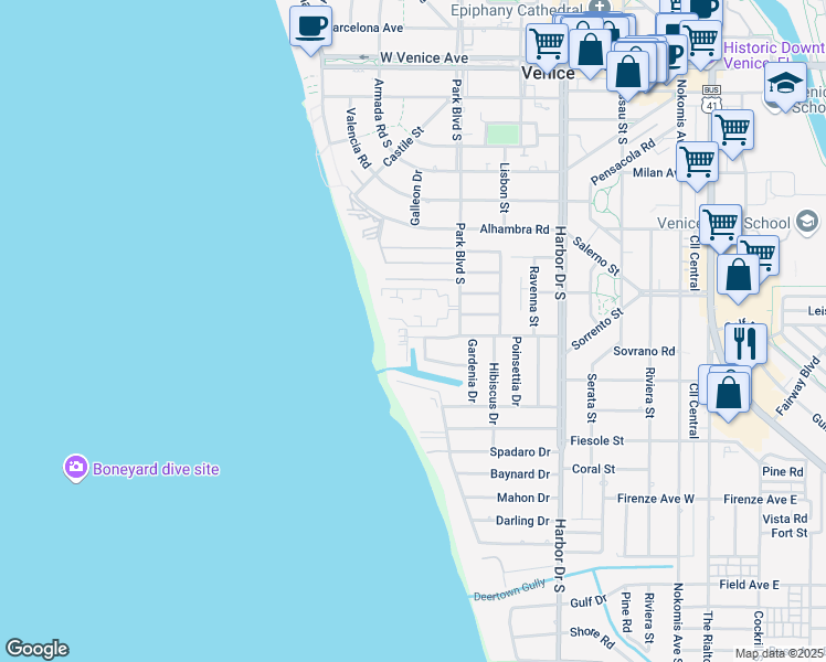 map of restaurants, bars, coffee shops, grocery stores, and more near 620 Flamingo Drive in Venice