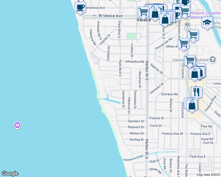 map of restaurants, bars, coffee shops, grocery stores, and more near 599 Flamingo Drive in Venice