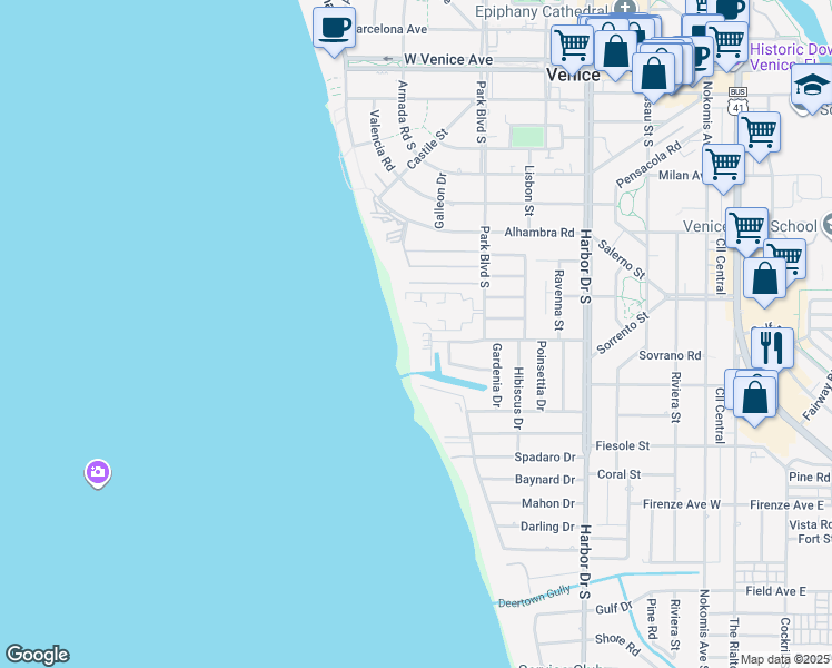 map of restaurants, bars, coffee shops, grocery stores, and more near 624 Flamingo Drive in Venice