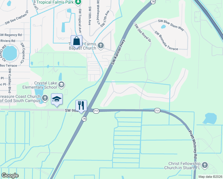 map of restaurants, bars, coffee shops, grocery stores, and more near 1518 Southwest Balmoral Trce in Stuart