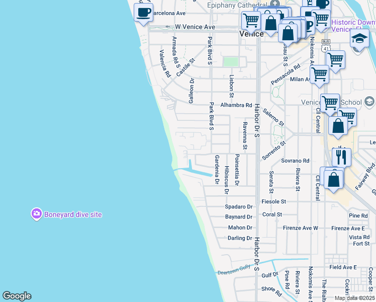 map of restaurants, bars, coffee shops, grocery stores, and more near 550 West Flamingo Drive in Venice