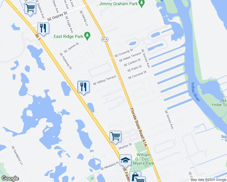 map of restaurants, bars, coffee shops, grocery stores, and more near 7919 Southeast Woodview Terrace in Hobe Sound
