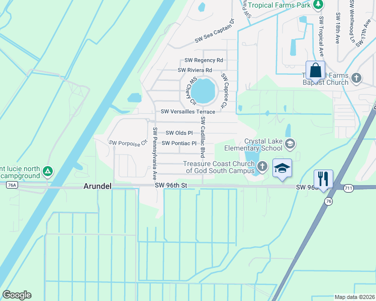 map of restaurants, bars, coffee shops, grocery stores, and more near 2705 Southwest Pontiac Place in Stuart